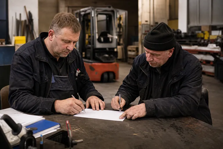 Zwei Betriebsratsmitglieder prüfen und unterschreiben eine Sitzungsniederschrift.