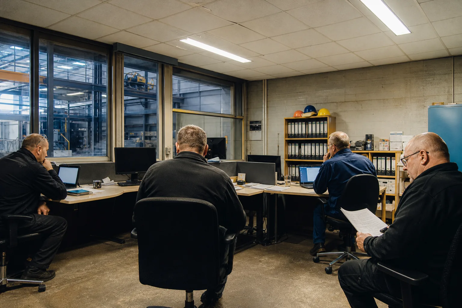 Betriebsratsmitglieder nehmen von Arbeitsplätzen aus an einer Videokonferenz teil.
