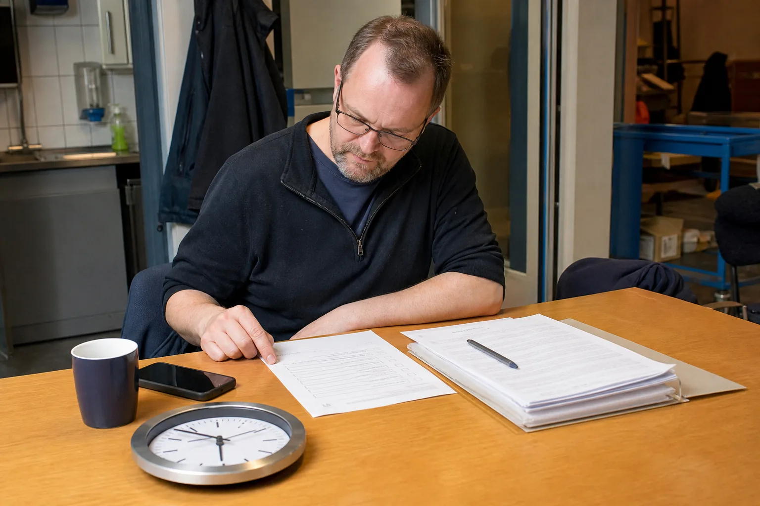 Betriebsratsvorsitzender prüft Unterlagen und eine Checkliste vor einer Sitzung.
