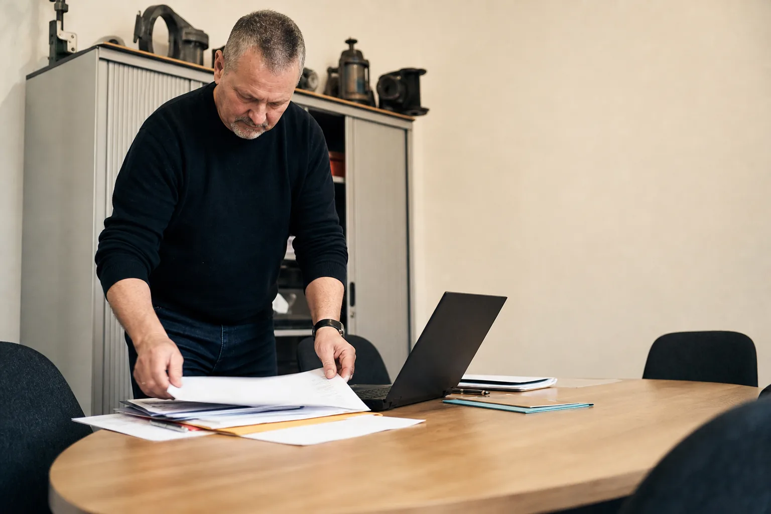 Betriebsratsvorsitzender bereitet Unterlagen für eine Sitzung vor